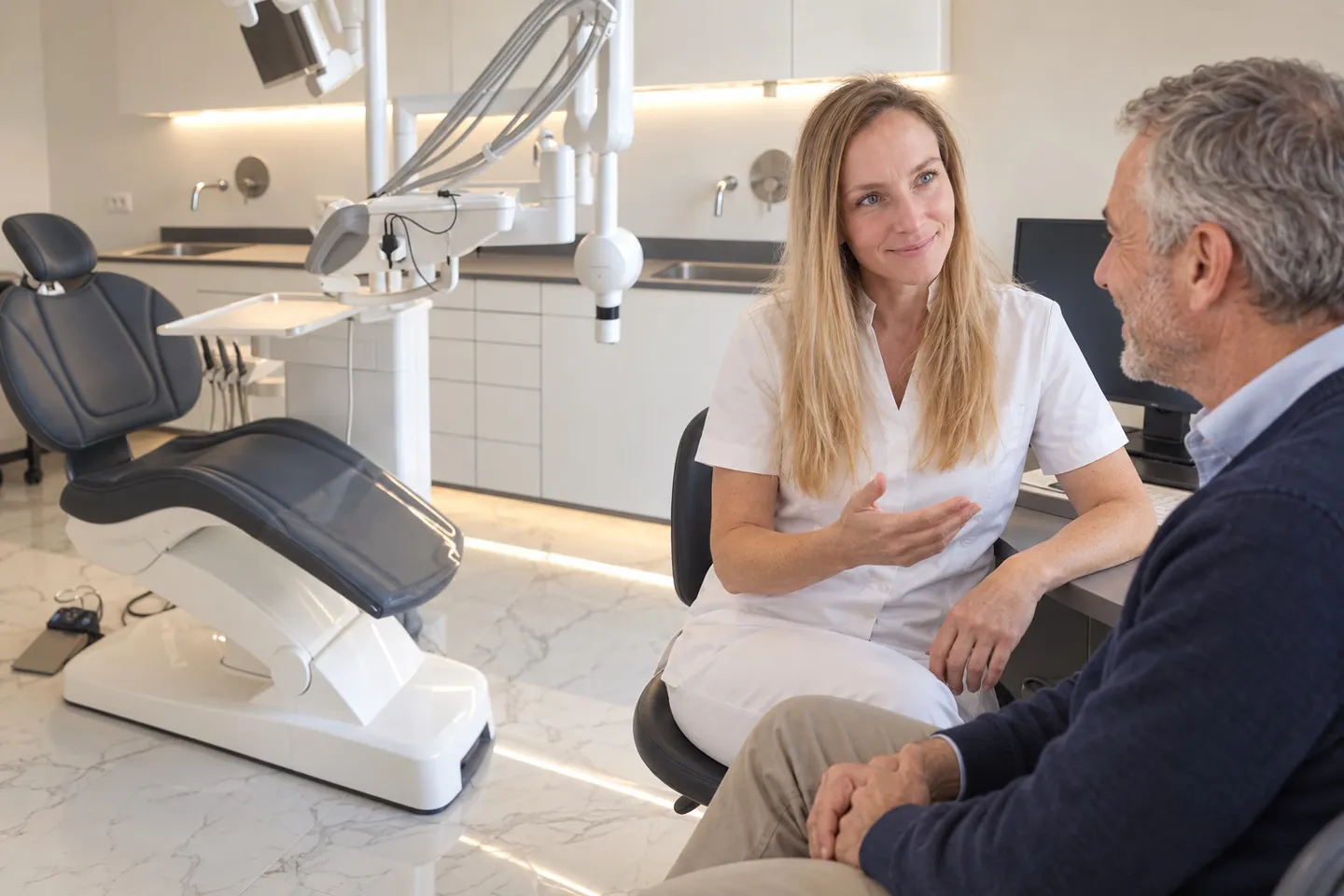Una dentista di Primadent parla con un paziente nello studio di Scoffie